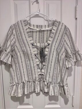 First Monday Striped Lace-Up V-Neck Ruffle Hem Women's Top - White/Black